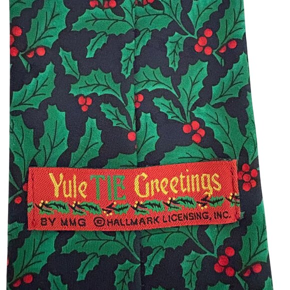 Hallmark Yule Tie Greetings Holiday Holly Polyester Christmas Mens Necktie Gift - Picture 5 of 9
